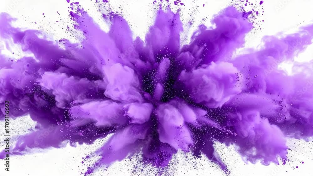 Poster eruption of vibrant violet powder and dust exploding outward in a chaotic explosion with white backg