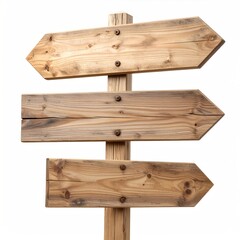 Wooden signpost with three arrow-shaped planks pointing right, stacked vertically, attached to a cylindrical post with bolts, on white