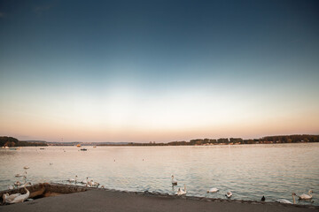 Wide view of the Danube at Zemun shows Zemunski kej at dusk. Boats and a calm river sit under a pastel sky as the Belgrade waterfront transitions from day to evening along the popular riverside promen