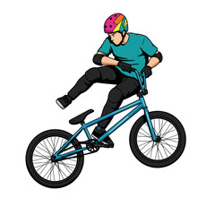 Naklejka premium BMX Rider Performing a Trick Teal Bike Protective Gear Dynamic Pose.