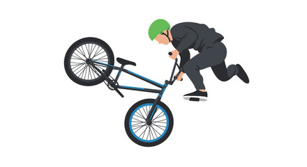 Naklejka premium BMX Rider Performing a Wheelie with Green Helmet and Dark Outfit.