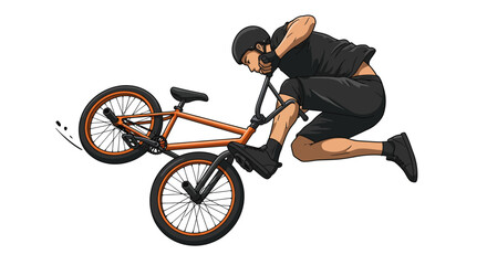 Naklejka premium BMX Rider Performing a Dynamic Aerial Trick Orange Bike Black Attire.