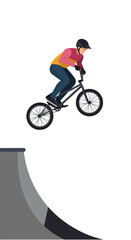 Fototapeta premium BMX Rider Performing Jump with Bicycle Wearing Helmet Colorful Outfit.