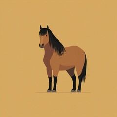 Flat vector illustration of a cute horse on yellow background, simple design with flat colors and smooth clean lines