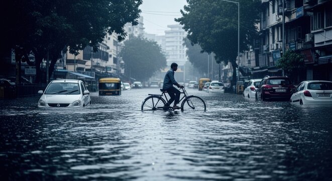 A lone cyclist perseveres through a flooded street in a city after heavy rain. A powerful image of resilience in the face of natural disaster and flooding.