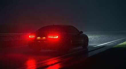 The red taillights of a modern sports car reflect on a wet highway during a heavy rainstorm at night. A cinematic automotive render.
