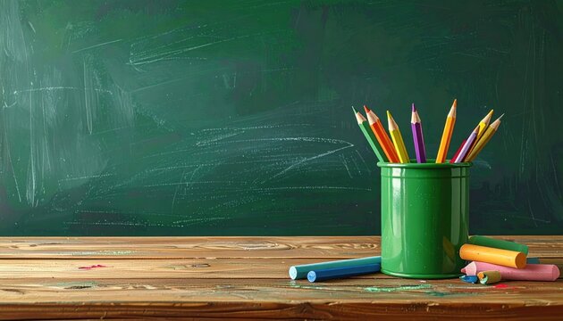 Colored pencils in a green cup on a wooden desk in front of a green chalkboard; chalk present. Room for text on the left chalkboard space