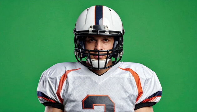 Close-up of a serious American football player in uniform and helmet, facing the camera.
