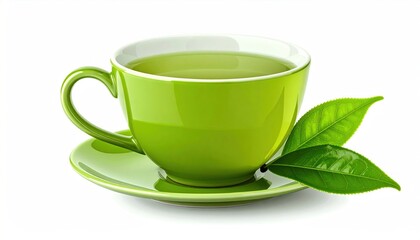 Vibrant green tea cup with saucer, accompanied by fresh, leafy sprigs on a white surface, bathed in soft, natural light