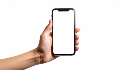 Hand holding a modern smartphone device with a blank white screen, isolated against a clean, stark white background in a vertical orientation