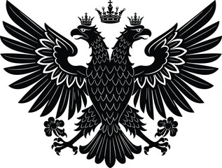 Obraz premium Black double-headed eagle with crowns, heraldic emblem, royal symbol, medieval coat of arms, wings spread, vector illustration, design