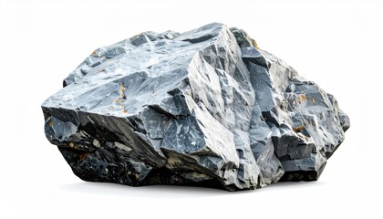 A jagged, gray rock with orange speckles rests on a white surface, casting a soft shadow. Close-up view