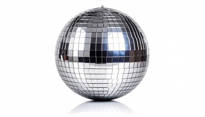 Shiny disco ball with small mirror tiles, radiating light, against a clean white backdrop, perfect for a retro party or celebration