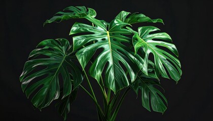 Lush, deep green Monstera plant with characteristic split leaves against a dark background, its form beautifully highlighted by light