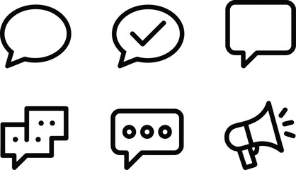 Diverse Communication Icon Set a Symbolic Representation of Dialogue Messaging and Promotion featuring Speech Bubbles Checkmarks and Megaphones for Varied Communication Concepts