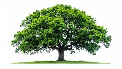 A lush, full tree with a sturdy trunk and vibrant green leaves, set against a stark white background and small bit of green grass