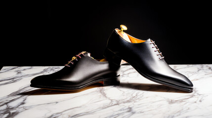 Handmade leather shoes displayed with meticulous craftsmanship on a neutral studio background.
