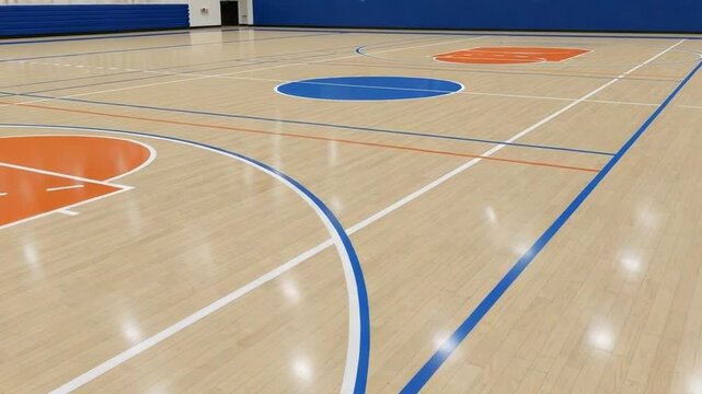 An Interior view of a multi-purpose gymnasium hall, showcasing a polished hardwood basketball court for sports activities and recreational fitness for students and athletes