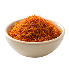 Fototapeta premium White ceramic bowl filled with dried saffron threads on white background spice herb