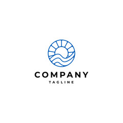 sun and wave logo elements with a circular frame in a line art design style
