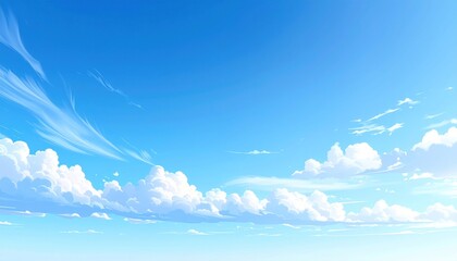 Bright blue anime sky with wispy clouds, cumulus formations, and atmospheric perspective evokes a sense of peace and open space