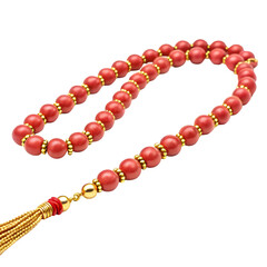 Red Coral Mala Beads with Gold Spacers and Golden Tassel prayer beads rosary