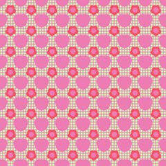 Seamless geometric floral pattern in pink and red with grid background. Hand drawn doodle floral pattern background. Floral seamless pattern with doodle style. 