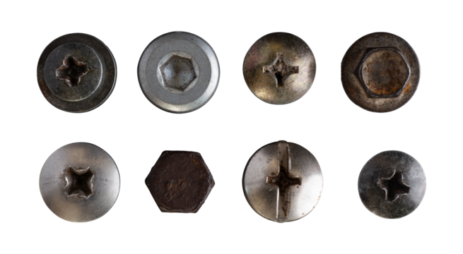 set of metal screws heads isolated