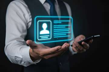 Professional presenting a futuristic glowing digital ID, symbolizing secure personal data access, advanced authentication, and innovative identity management in today's technological world