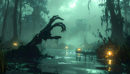 Creepy Swamp Scene Spooky skeleton hand, foggy water, trees, lanterns, dark nature, Halloween, eerie vibe, moody atmosphere.