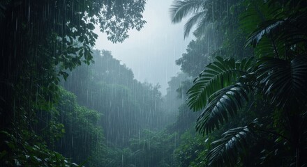 Heavy rain falls in a dense tropical rainforest, with lush green foliage and a misty, atmospheric background. A beautiful nature scene.