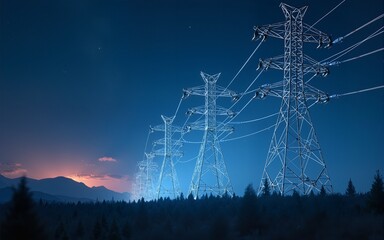 3D Render Of Power Transmission Lines with 3D Digital Visualization of Electricity. Fantastic Visuals of Night Sky Full of Bright Stars. Concept of Renewable Green Energy Powering Human Progress.