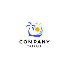 Summer logo on the beach with icons of palm trees, waves, and the sun in a flat vector design style
