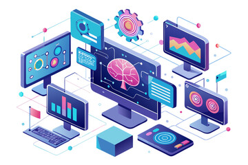 Modern digital workspace showing artificial intelligence technology with holographic data analytics and virtual dashboards. A professional working on a laptop surrounded by futuristic AI visualization