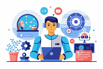 Modern digital workspace showing artificial intelligence technology with holographic data analytics and virtual dashboards. A professional working on a laptop surrounded by futuristic AI visualization