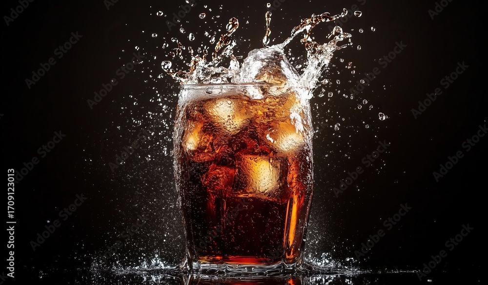 Poster glass of cola with ice cubes splashing on black background for beverage refreshment concept with dyn