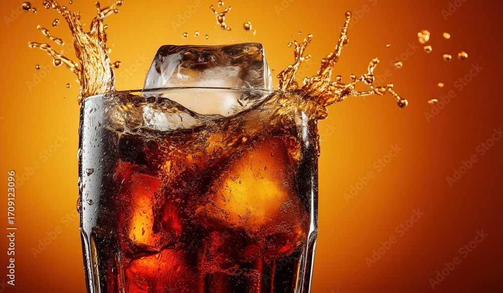 Poster close-up of cola with ice cubes splashing and spilling from top against orange background capturing 
