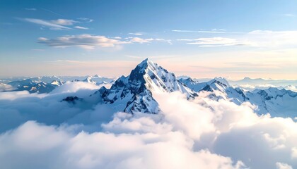 Snowy mountain peak pierces a sea of fluffy clouds under a bright blue sky, distant peaks on the horizon