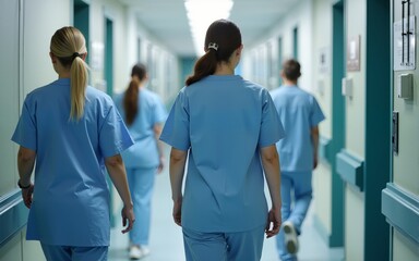 Hospital Hallway with Doctors, Nurses and Specialists in Hospital. Female and Male Physicians, Surgeons, Healthcare Officials Walk Together in Corridor with Their Back to Camera. High quality
