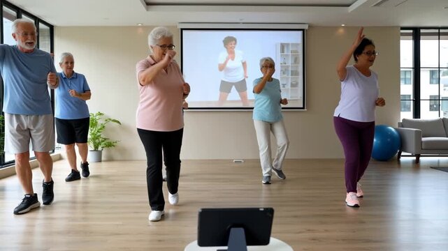 Senior adults follow a guided online fitness class projected on a large screen in a modern studio.