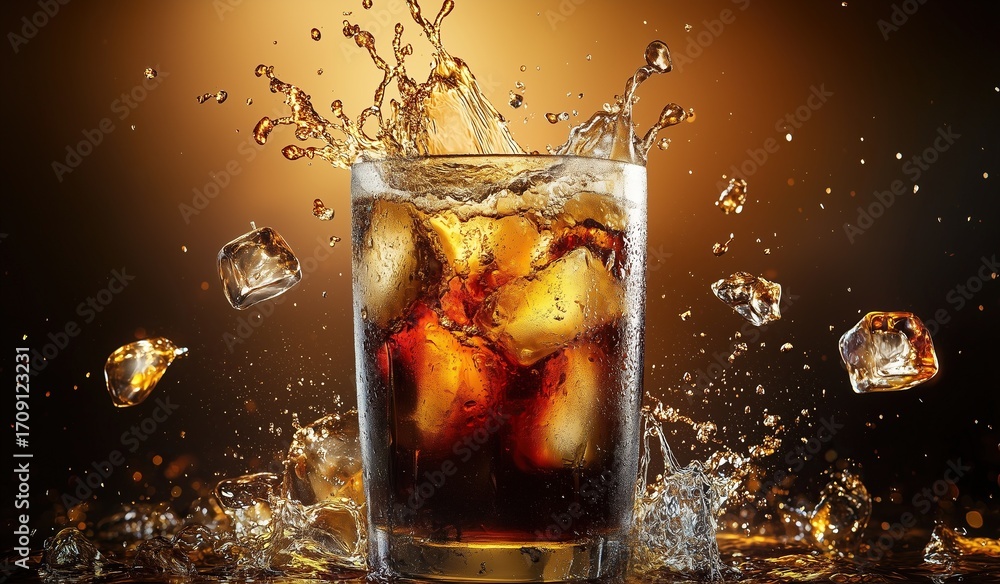 Poster glass of cola with ice cubes splashing and floating in air against brown background for dynamic beve