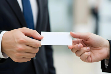 Two business professionals exchanging blank white business cards in a professional meeting, close-up on hands and cards with a shallow depth of field, representing networking and contact exchange