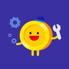smiley face with speech bubble A smiling golden coin with a wrench and gear symbols. The background is dark blue