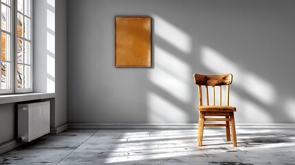 Empty classroom interior with plain wall and single wooden chair at bottom, wide blank copy space above suitable for educational poster, training seminar design or learning concept.