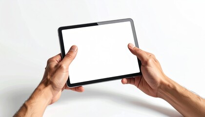 Two hands holding a tablet with a white screen against a clean, bright white background, providing a simple, modern look