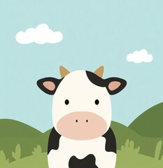 Flat vector illustration of a cow standing on green field background, minimalistic modern style with simple clean shapes and soft colors creating a friendly farm animal mascot character design