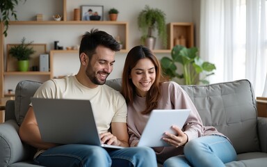 Doing Accounting at Home: Happy Couple Using Laptop Computer, Sitting on Sofa in Apartment. Young Family Filling Tax Forms, Mortgage Documents, Bills, Checks, Balances, Invoices are in Order