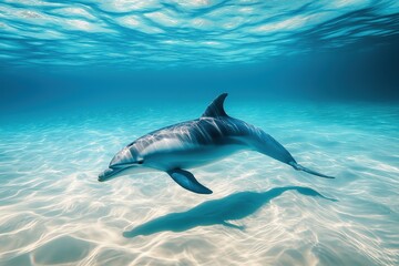 Fototapeta premium Dolphin swimming in clear blue ocean, marine life wildlife nature aquatic mammal cetacean underwater sea