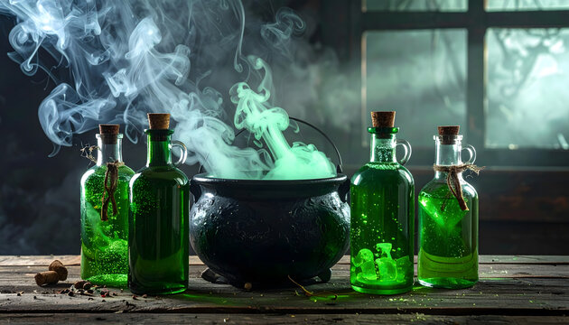 Witch's Brew with Cauldron and Green Potions Halloween Magic, Spells, Witchcraft, and Alchemy.