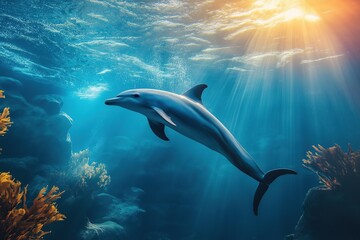 Dolphin swimming in ocean with sun rays through water surface, underwater view of coral reef with sea plants and corals marine life